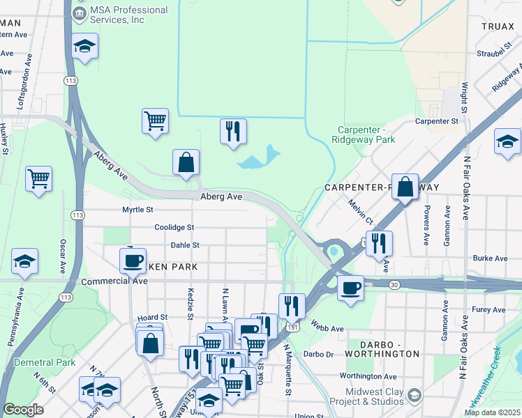 map of restaurants, bars, coffee shops, grocery stores, and more near 914 North Oak Street in Madison
