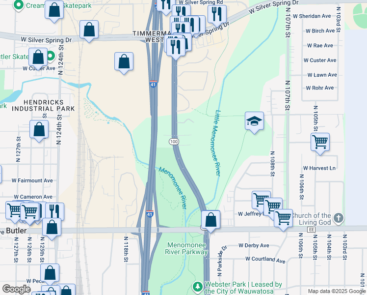 map of restaurants, bars, coffee shops, grocery stores, and more near 5056 Wisconsin 100 in Milwaukee