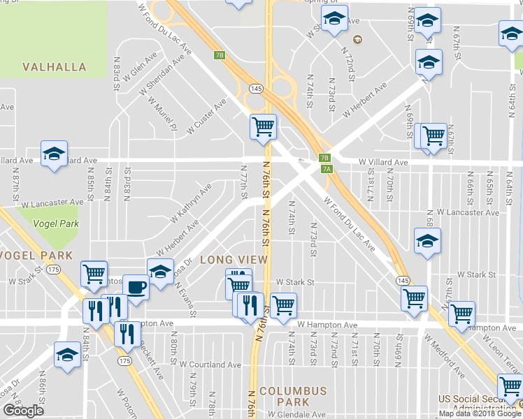 map of restaurants, bars, coffee shops, grocery stores, and more near 5063 North 76th Street in Milwaukee