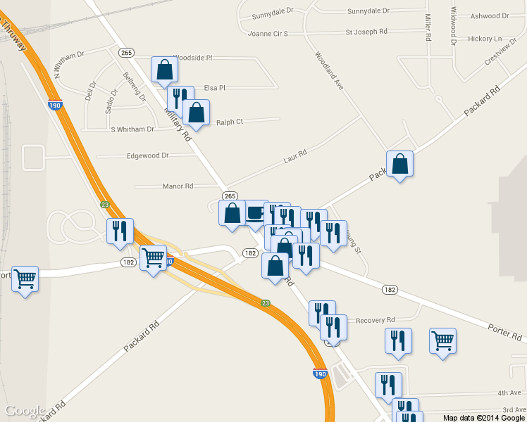 map of restaurants, bars, coffee shops, grocery stores, and more near 2749 Military Rd in Niagara Falls