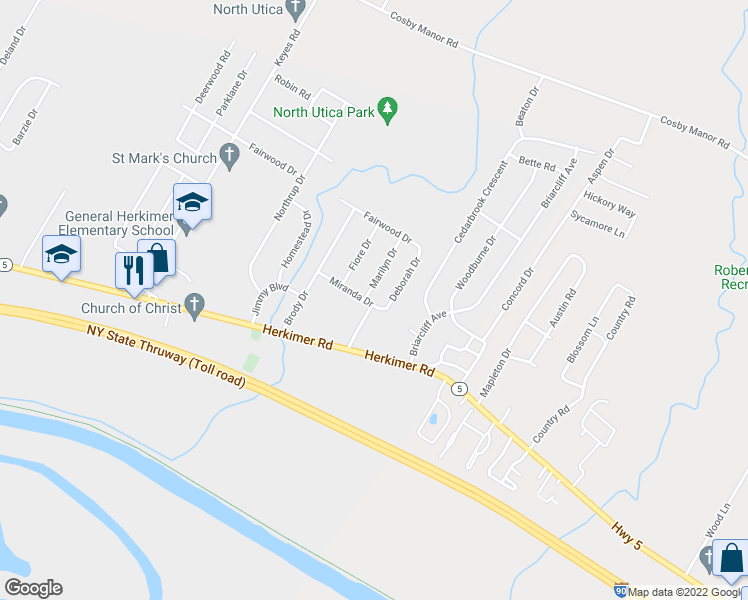 map of restaurants, bars, coffee shops, grocery stores, and more near 420 Marilyn Drive in Utica