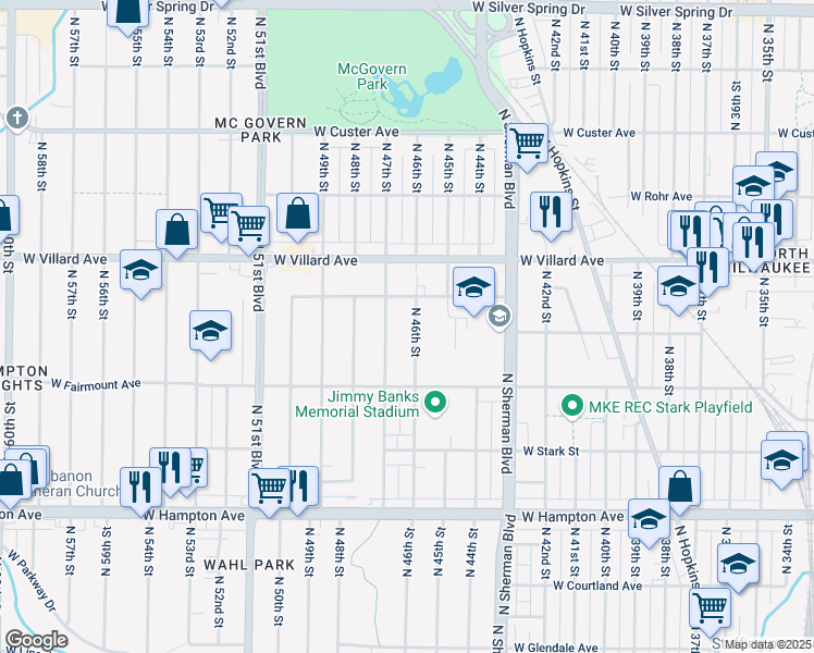 map of restaurants, bars, coffee shops, grocery stores, and more near 5105 North 46th Street in Milwaukee