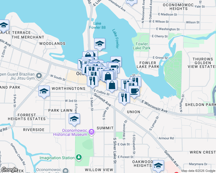 map of restaurants, bars, coffee shops, grocery stores, and more near 183 East Wisconsin Avenue in Oconomowoc