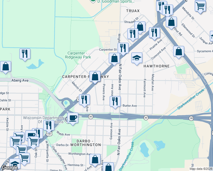 map of restaurants, bars, coffee shops, grocery stores, and more near 817 Powers Avenue in Madison