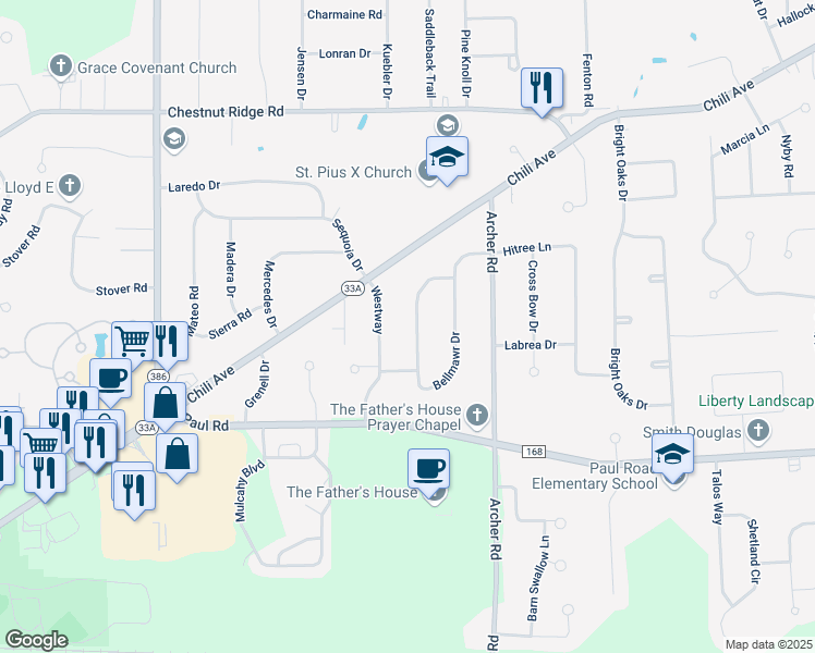 map of restaurants, bars, coffee shops, grocery stores, and more near 59 Bellmawr Drive in Rochester
