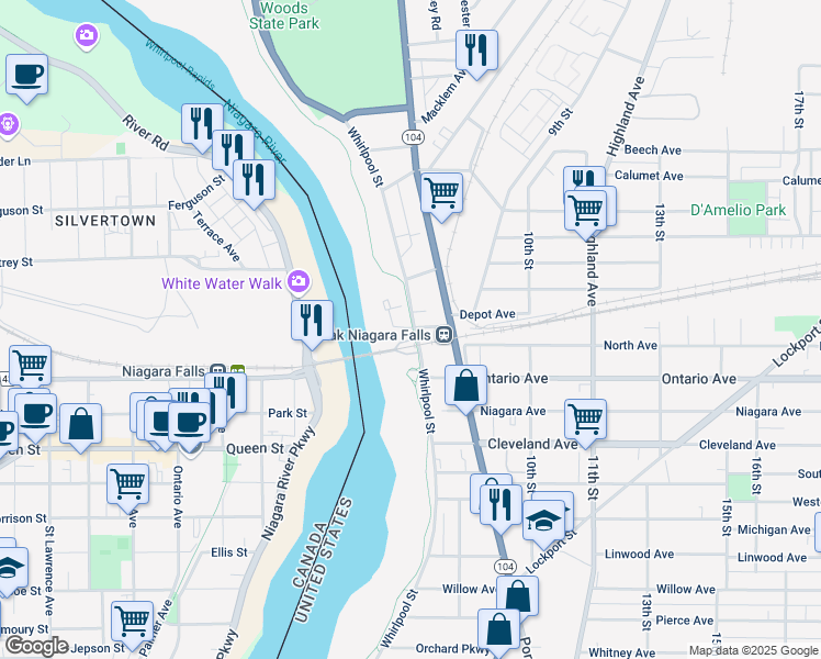 map of restaurants, bars, coffee shops, grocery stores, and more near 15 Niagara Scenic Parkway in Niagara Falls