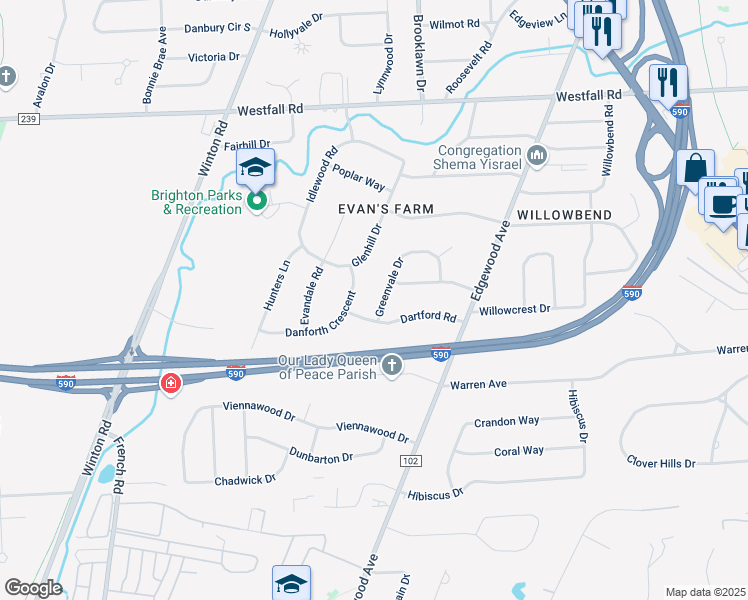 map of restaurants, bars, coffee shops, grocery stores, and more near 180 Greenvale Drive in Rochester