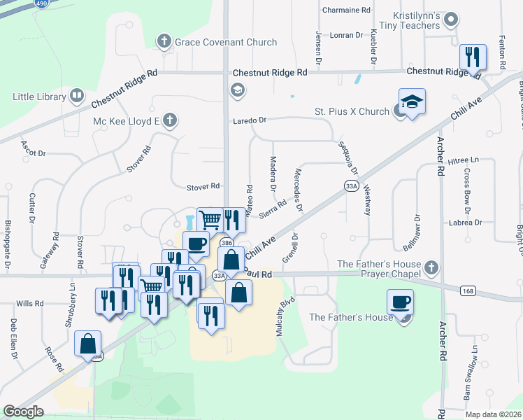 map of restaurants, bars, coffee shops, grocery stores, and more near 18 Sierra Road in Rochester