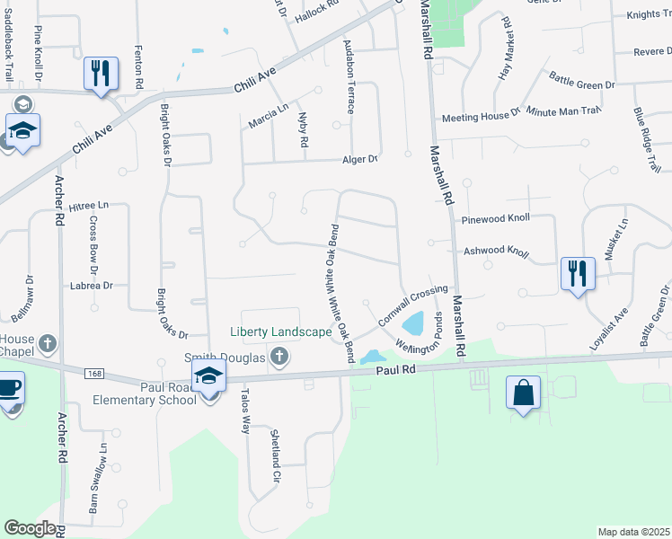 map of restaurants, bars, coffee shops, grocery stores, and more near 25 White Oak Bend in Rochester