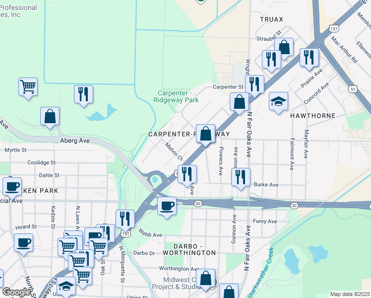 map of restaurants, bars, coffee shops, grocery stores, and more near 3213 Ridgeway Avenue in Madison