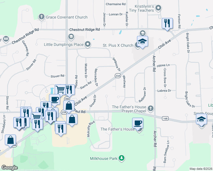 map of restaurants, bars, coffee shops, grocery stores, and more near 3079 Chili Avenue in Rochester