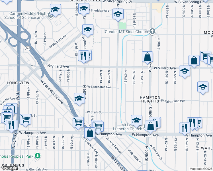 map of restaurants, bars, coffee shops, grocery stores, and more near 5101 North 65th Street in Milwaukee