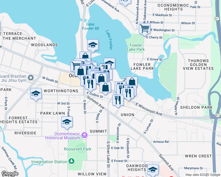 map of restaurants, bars, coffee shops, grocery stores, and more near 304 Wisconsin 16 in Oconomowoc