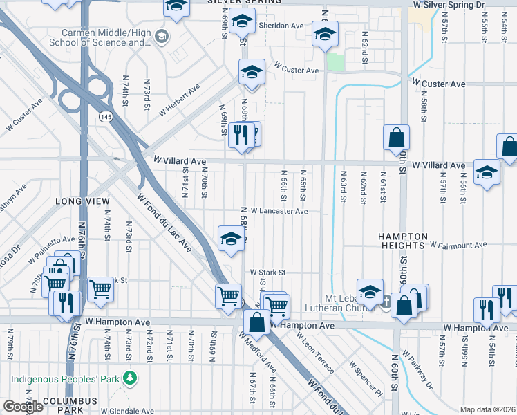 map of restaurants, bars, coffee shops, grocery stores, and more near 5100 North 67th Street in Milwaukee