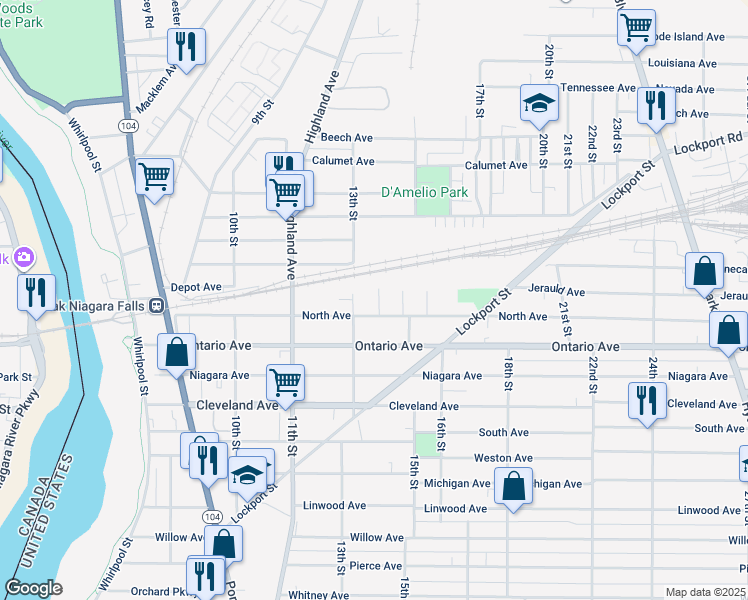 map of restaurants, bars, coffee shops, grocery stores, and more near 2316 14th Street in Niagara Falls
