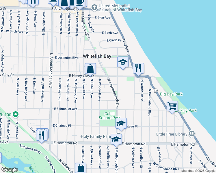 map of restaurants, bars, coffee shops, grocery stores, and more near 939 East Meadow Place in Whitefish Bay