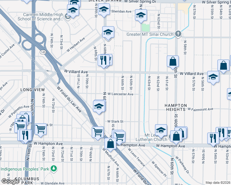 map of restaurants, bars, coffee shops, grocery stores, and more near 5100 North 67th Street in Milwaukee