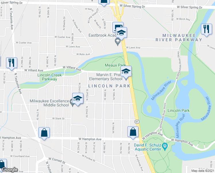 map of restaurants, bars, coffee shops, grocery stores, and more near 5084 North 20th Street in Milwaukee