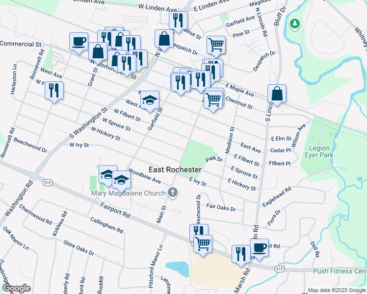 map of restaurants, bars, coffee shops, grocery stores, and more near 611 Main Street in East Rochester