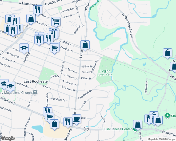 map of restaurants, bars, coffee shops, grocery stores, and more near 319 Cedar Place in East Rochester