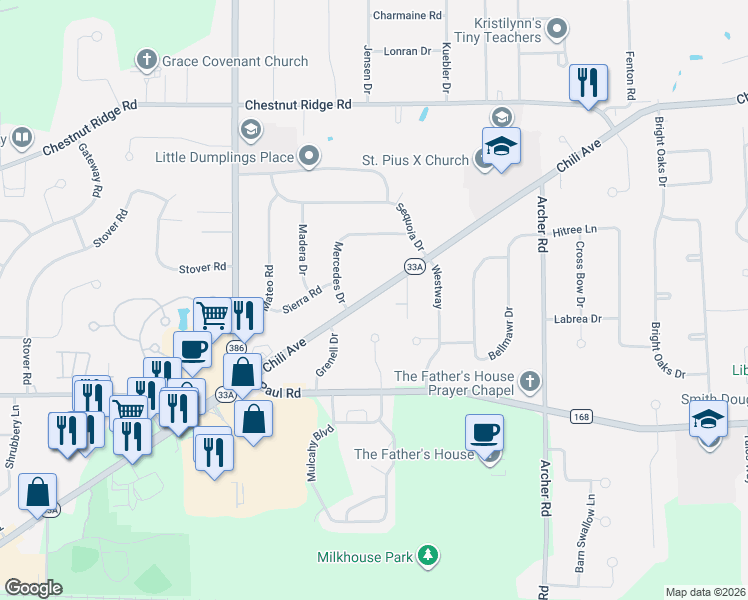map of restaurants, bars, coffee shops, grocery stores, and more near 3079 Chili Avenue in Rochester