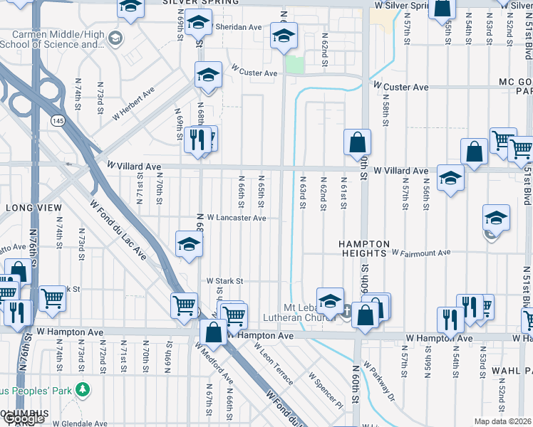 map of restaurants, bars, coffee shops, grocery stores, and more near 6400 West Lancaster Avenue in Milwaukee