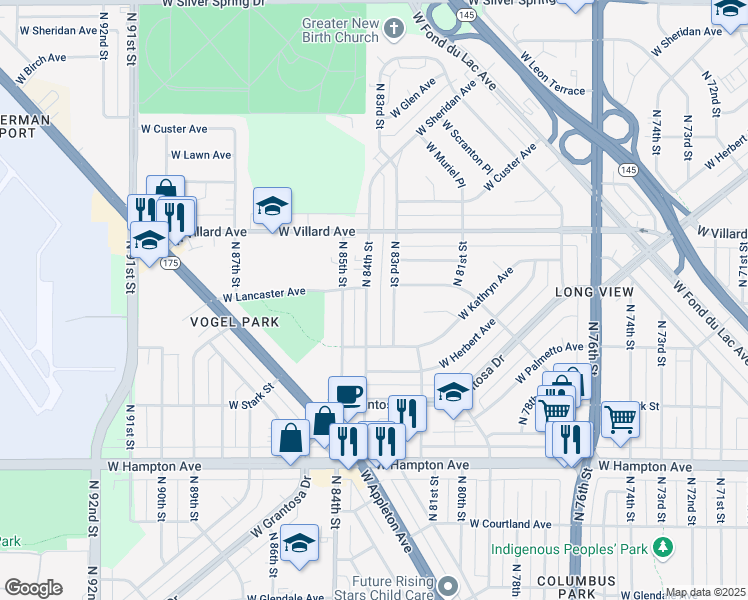 map of restaurants, bars, coffee shops, grocery stores, and more near 5062 North 84th Street in Milwaukee