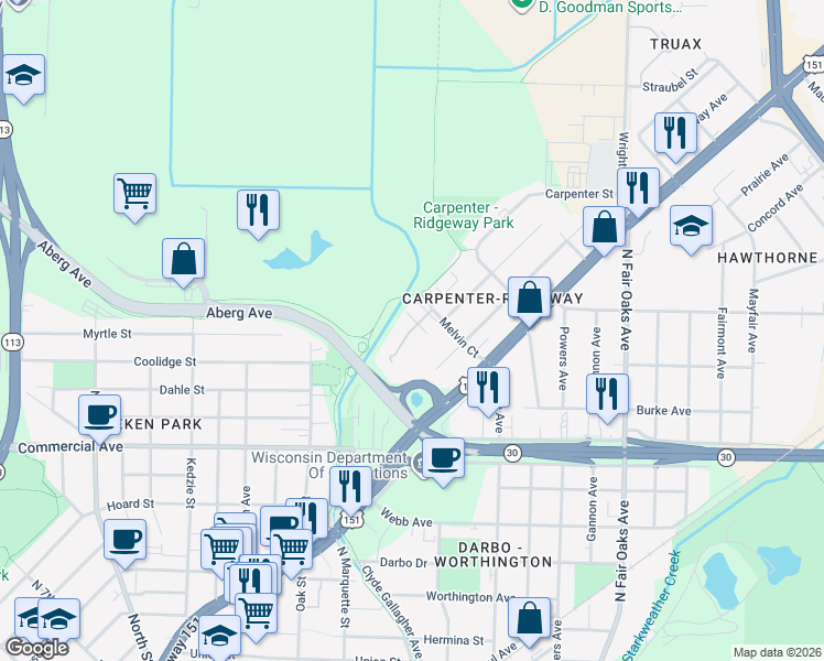 map of restaurants, bars, coffee shops, grocery stores, and more near 9 Ridgeview Court in Madison