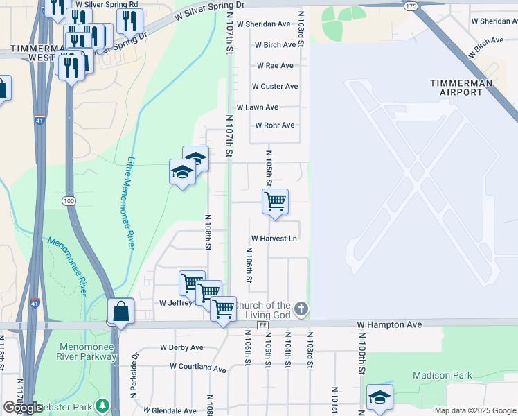 map of restaurants, bars, coffee shops, grocery stores, and more near 10517 West Lancaster Avenue in Milwaukee