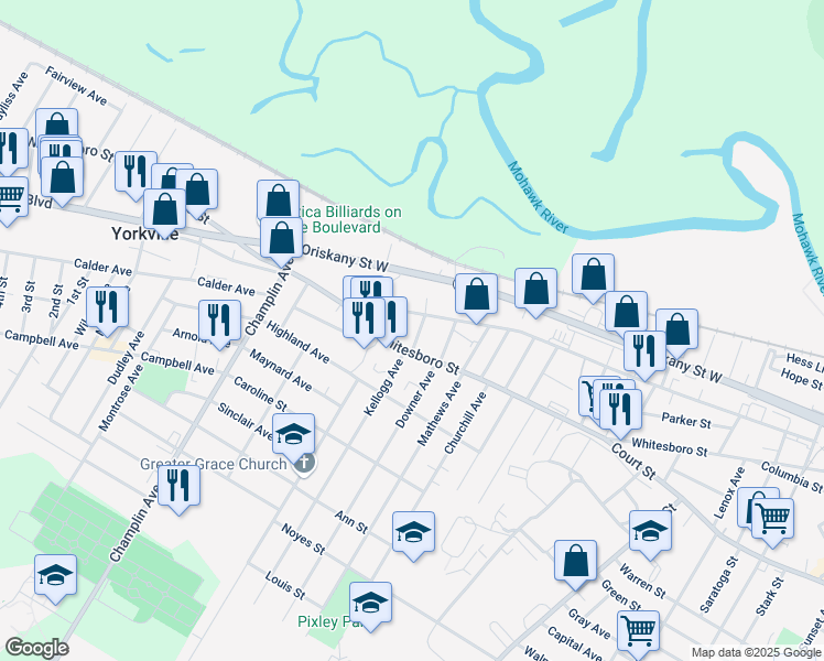 map of restaurants, bars, coffee shops, grocery stores, and more near 2101 Whitesboro Street in Utica