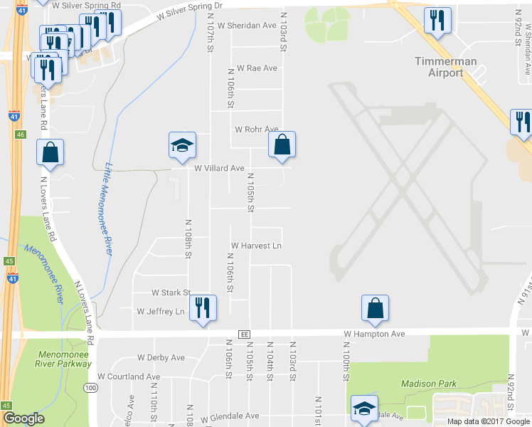 map of restaurants, bars, coffee shops, grocery stores, and more near 10405 W Lancaster Ave in Milwaukee