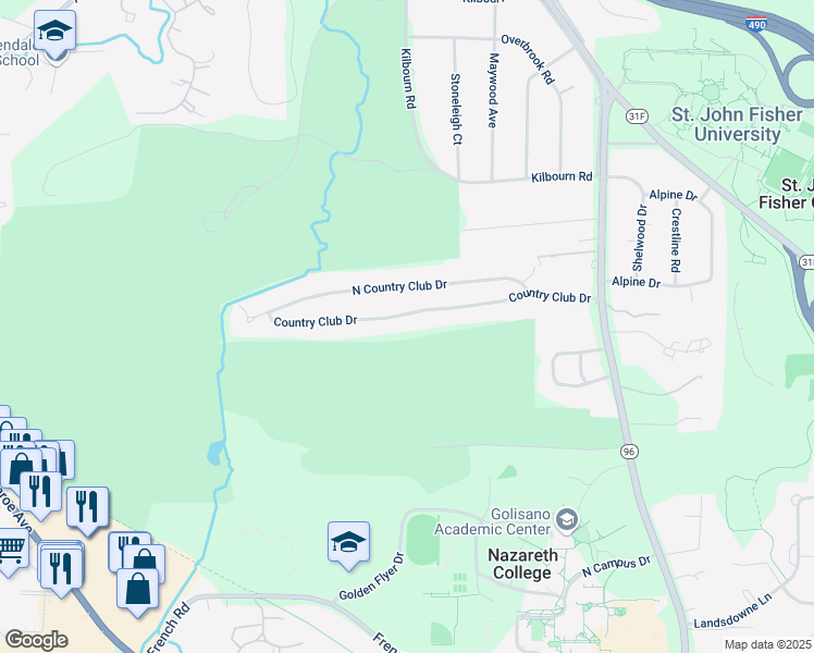map of restaurants, bars, coffee shops, grocery stores, and more near 57 Country Club Drive in Rochester