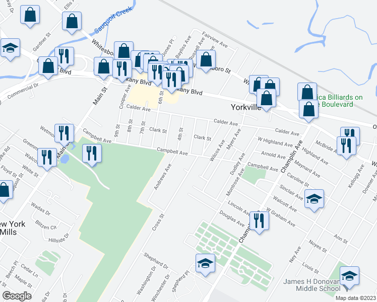 map of restaurants, bars, coffee shops, grocery stores, and more near 107 Campbell Avenue in Yorkville
