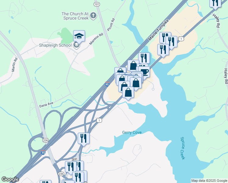 map of restaurants, bars, coffee shops, grocery stores, and more near 275 U.S. 1 in Kittery