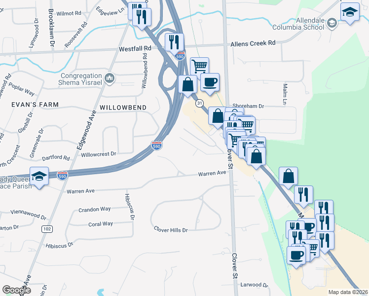 map of restaurants, bars, coffee shops, grocery stores, and more near 95 Towpath Lane in Rochester