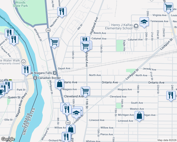 map of restaurants, bars, coffee shops, grocery stores, and more near 2315 11th Street in Niagara Falls