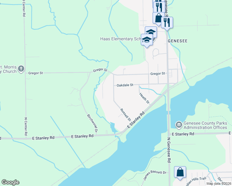 map of restaurants, bars, coffee shops, grocery stores, and more near 7164 Russell Street in Genesee County