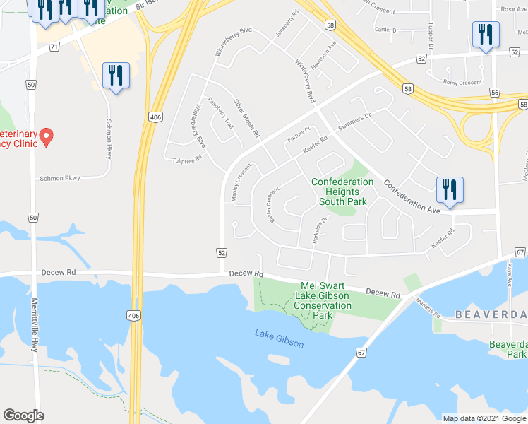 map of restaurants, bars, coffee shops, grocery stores, and more near 42 Baxter Crescent in Thorold