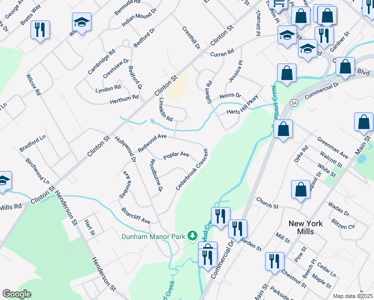 map of restaurants, bars, coffee shops, grocery stores, and more near 21 Poplar Ave in Whitesboro