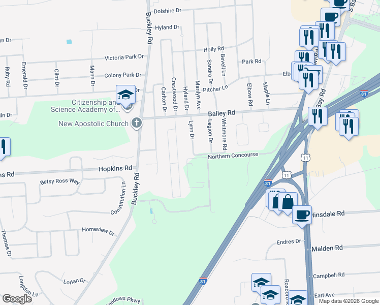 map of restaurants, bars, coffee shops, grocery stores, and more near 121 Orchard Drive East in Syracuse