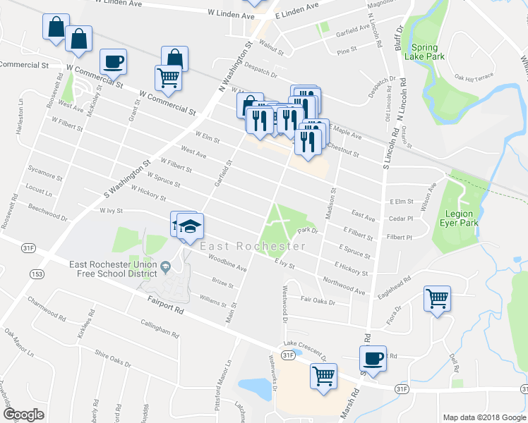 map of restaurants, bars, coffee shops, grocery stores, and more near 609 Main Street in East Rochester