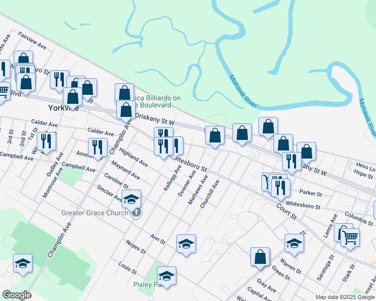 map of restaurants, bars, coffee shops, grocery stores, and more near 2101 Whitesboro Street in Utica