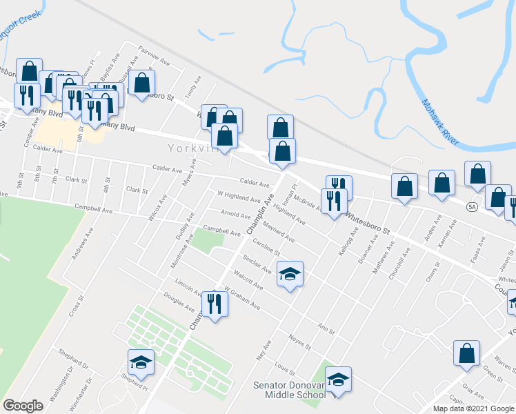map of restaurants, bars, coffee shops, grocery stores, and more near 1008 Champlin Avenue in Utica