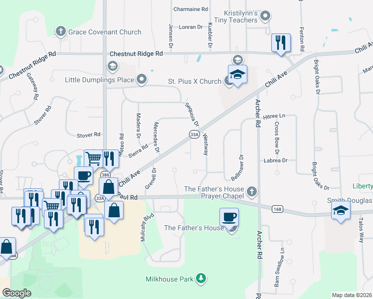 map of restaurants, bars, coffee shops, grocery stores, and more near 3079 Chili Avenue in Rochester