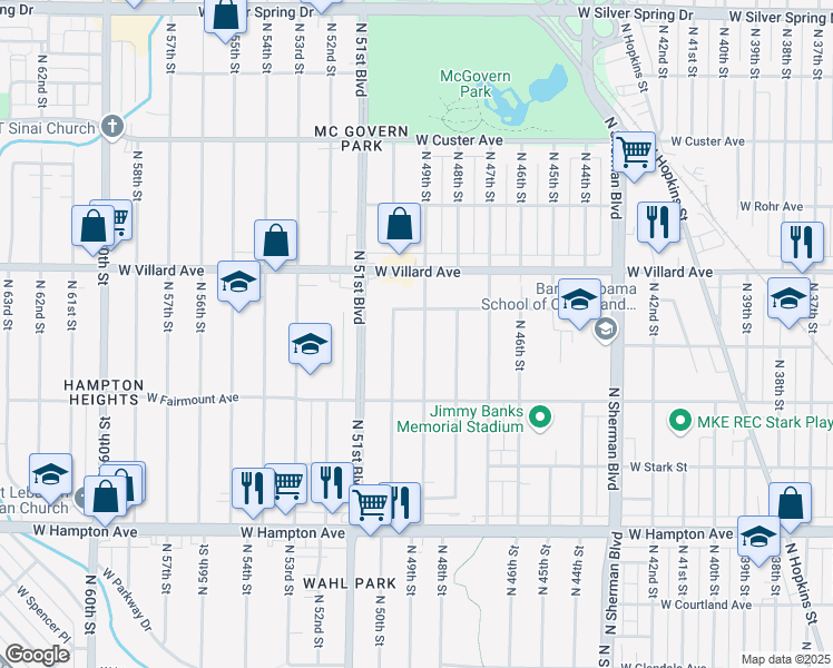 map of restaurants, bars, coffee shops, grocery stores, and more near 5076 North 49th Street in Milwaukee