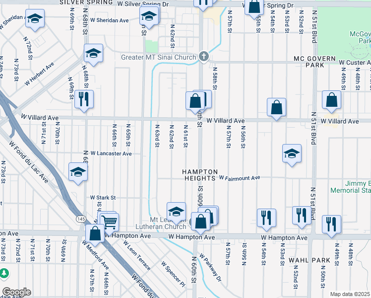 map of restaurants, bars, coffee shops, grocery stores, and more near 5100 North 61st Street in Milwaukee