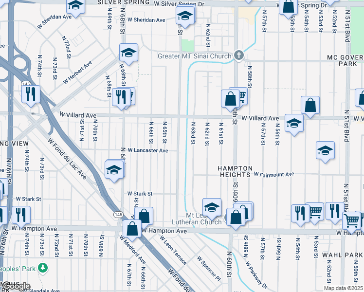 map of restaurants, bars, coffee shops, grocery stores, and more near 6400 West Lancaster Avenue in Milwaukee