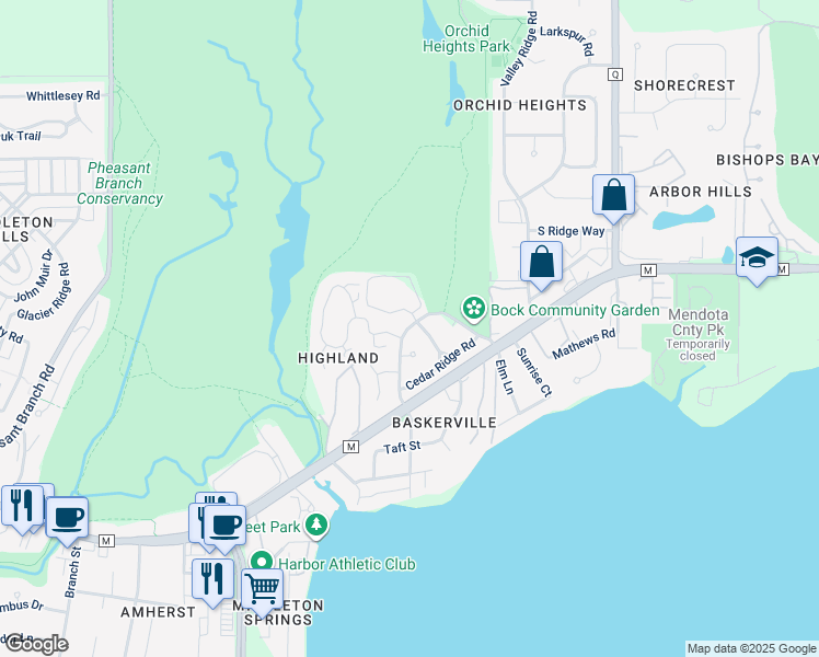 map of restaurants, bars, coffee shops, grocery stores, and more near 5705 Highland Way in Middleton