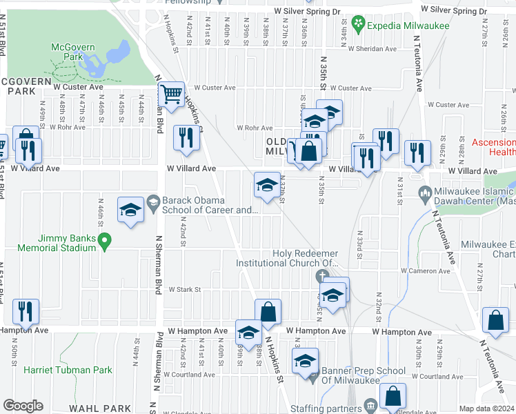 map of restaurants, bars, coffee shops, grocery stores, and more near 5113 North 38th Street in Milwaukee