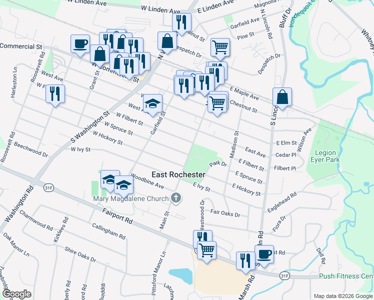 map of restaurants, bars, coffee shops, grocery stores, and more near 611 Main Street in East Rochester